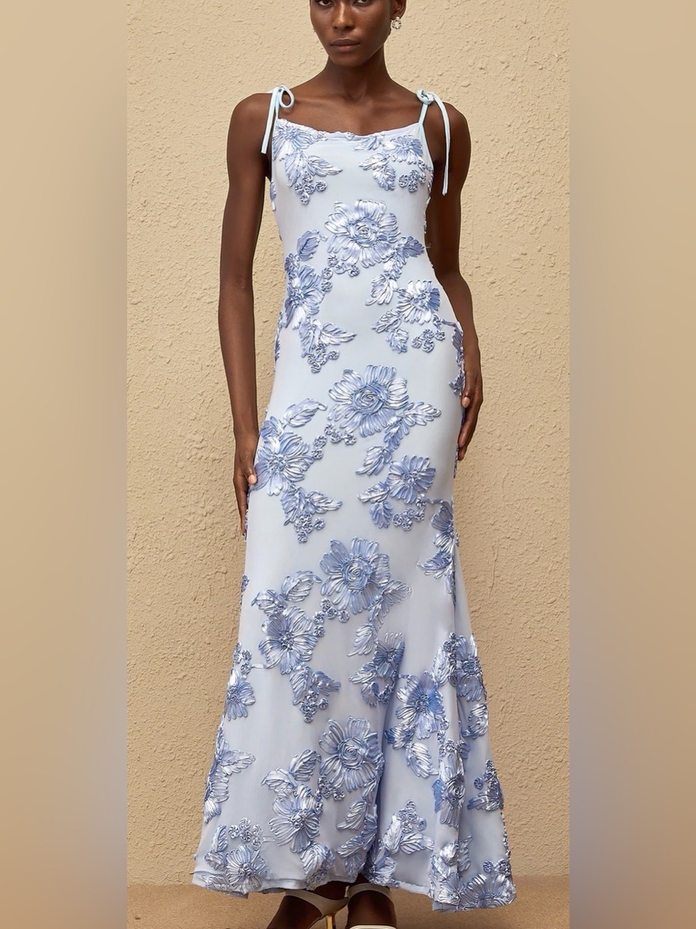 Light Blue Floral Appliqué Maxi Dress with Tie Shoulders